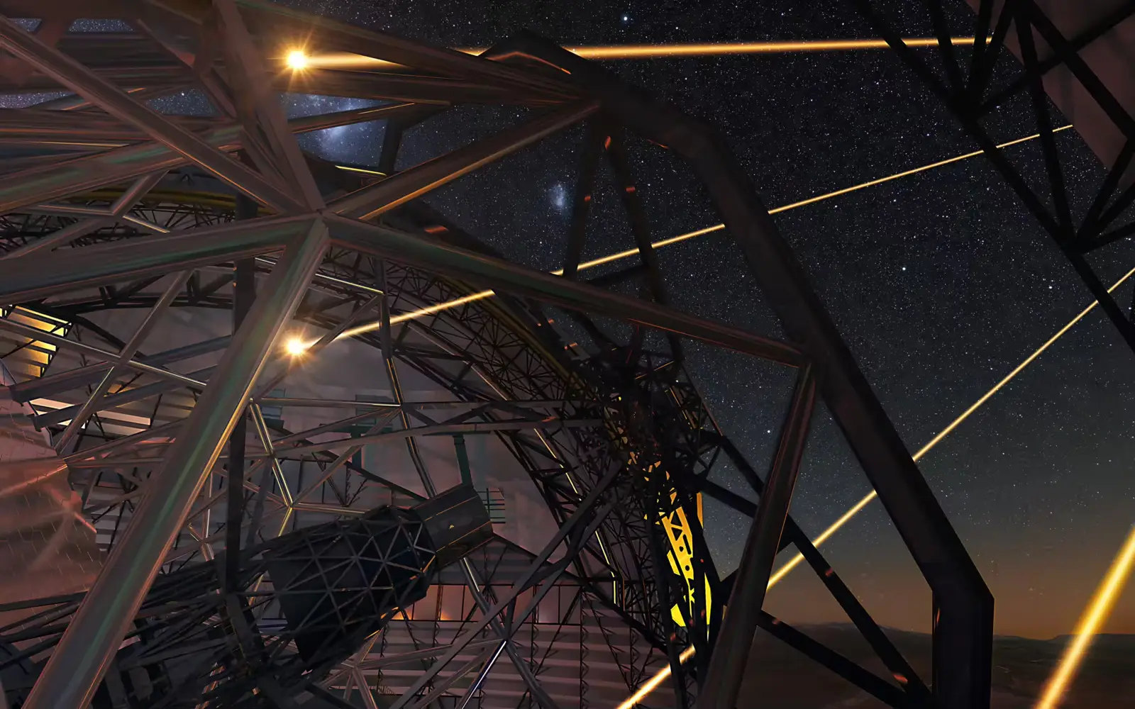 Extremely Large Telescope firing laser guide stars into the night sky