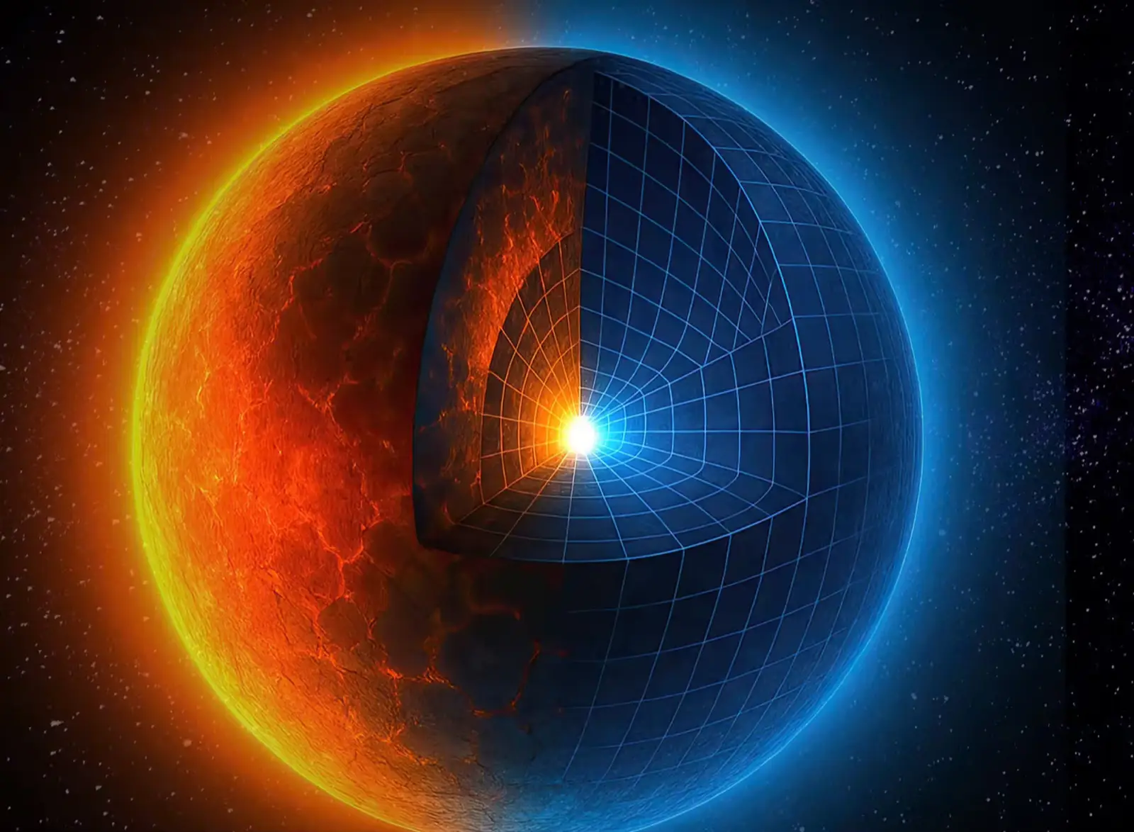 Magma ocean planet with cutaway showing interior structure and atmosphere